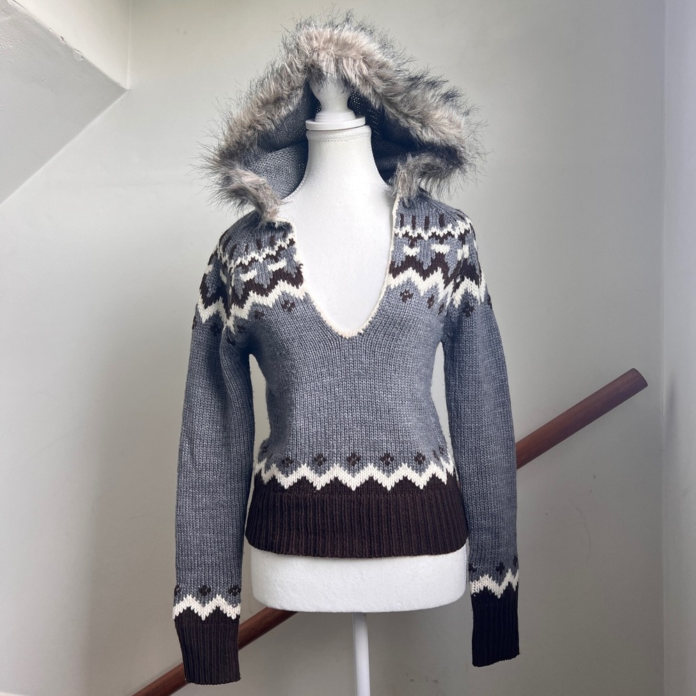 Vintage 90s Energie Fair Isle Faux Fur Hooded Sweater Grey Y2K Gorpcore Preppy - Picture 10 of 10